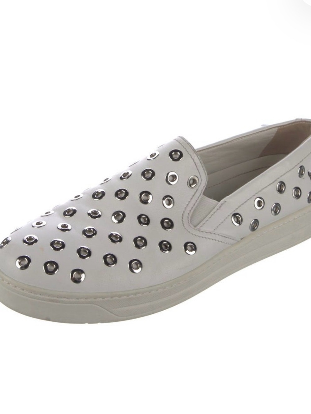 Prada White Slip-On Grommet-Studded Leather Mule